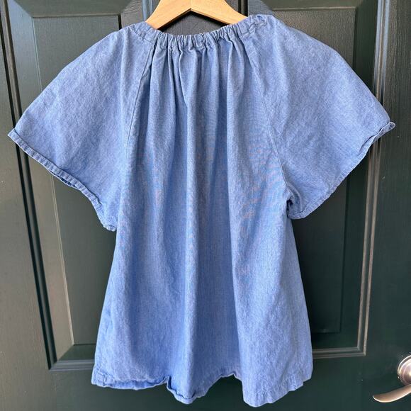 J. Crew Chambray Peasant Top S Puff Sleeve Tie Neck Blouse Cottagecore - Picture 2 of 7